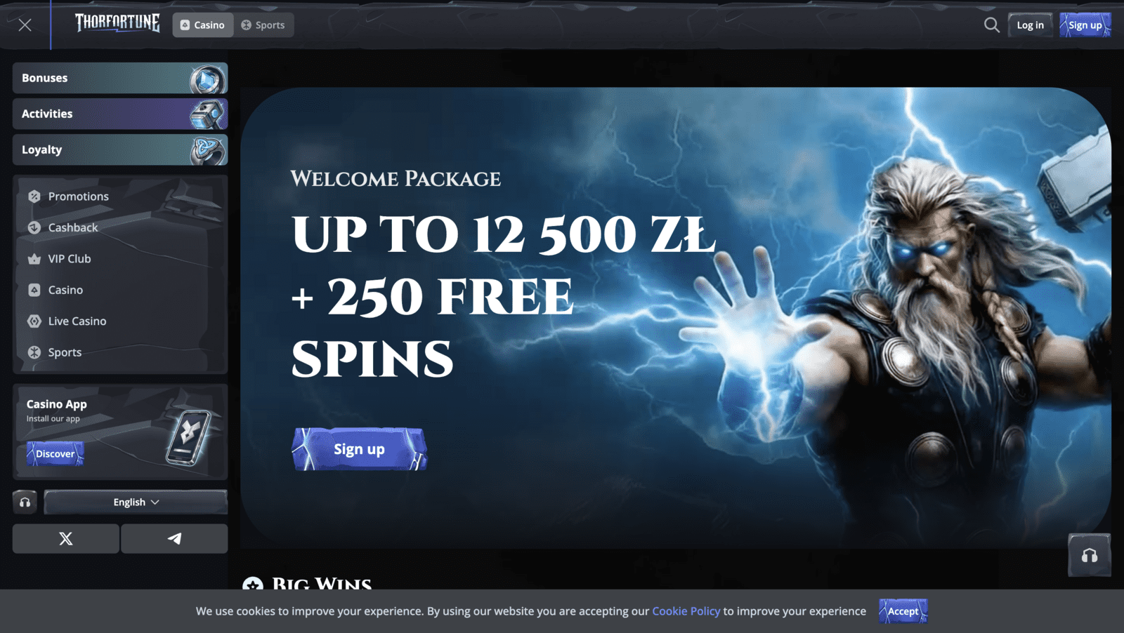 Interfaz del casino THORFORTUNE — lobby de juegos, tragaperras y casino en vivo